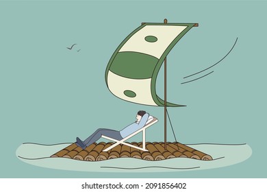 Feliz y exitoso joven empresario en bote bajo una vela en dólares disfruta de ingresos pasivos o beneficios. El hombre más feliz se relaja y obtiene dividendos de una buena inversión financiera. Éxito financiero. Ilustración vectorial. 