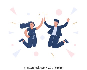 Happy and successful young man and woman jumping and high five