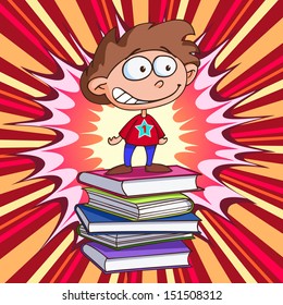 Happy successful young student over stack of books.