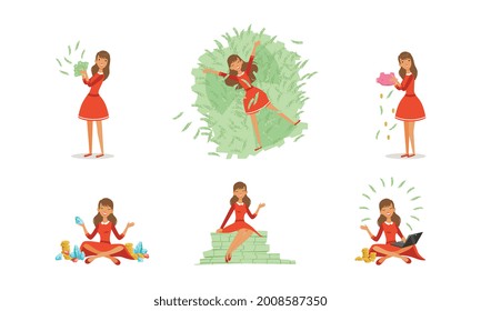 Happy Successful Young Woman Millionaire Enjoying her Money Set, Happy Wealthy Girl with Bundles of Money Cartoon Vector Illustration