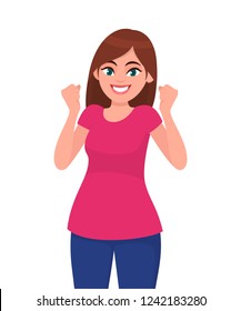 Happy successful young woman raising hands. Woman celebrating success, gesturing raised fists up. Human emotion and body language concept illustration in vector cartoon flat style.