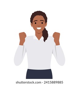 Happy successful young woman raising hands. Woman celebrating success, gesturing raised fists up. Human emotion and body language concept. Flat vector illustration isolated on white background 