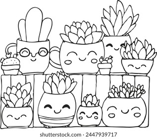 Happy succulents in pots set, vector in black
