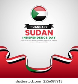 Happy Sudan independence day 1st January with waving ribbon flag square banner template
