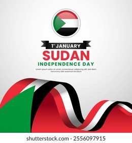 Happy Sudan independence day 1st January with waving ribbon flag square banner template