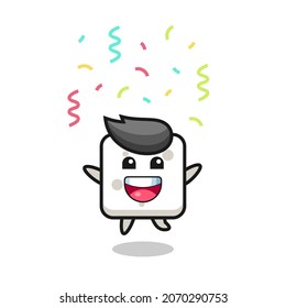 happy sugar cube mascot jumping for congratulation with colour confetti , cute style design for t shirt, sticker, logo element