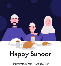 Happy Suhoor and Iftar Party Moslem Family Vector Illustration, Ramadan Kareem And Eid Mubarak Celebration, Pre Dawn Meal Before Fasting, Eating Halal Food With Family, Moslem Family Character Cartoon