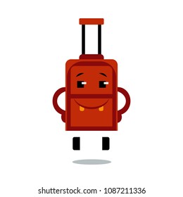 Happy suitcase cartoon character with smile on face ready for journey isolated on white background. Vector illustration of joyful luggage bag for vacation or business traveling.