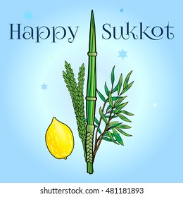 Happy Sukkot background. Hebrew translate: Happy Sukkot Holiday. Jewish traditional four species for Jewish Holiday Sukkot Israel. Vector illustration. Rosh Hashana, sukkah, lulav, etrog, palm leaves.