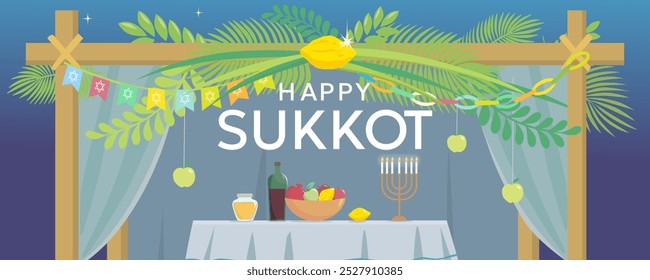 Feliz banner de Sucot. Ilustração vetorial. Sukkah, lulav, etrog, menorá