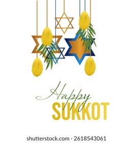 Happy Sukkot. Decorations for the Jewish holiday of tabernacles with etrog, lulav, arava, hadas. Vector illustration