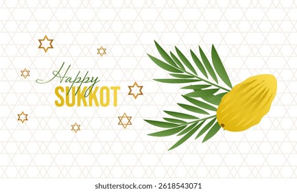 Happy Sukkot. Decorations for the Jewish holiday of tabernacles with etrog, lulav, arava, hadas. Vector illustration