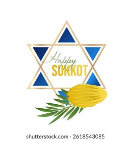 Happy Sukkot. Decorations for the Jewish holiday of tabernacles with etrog, lulav, arava, hadas. Vector illustration