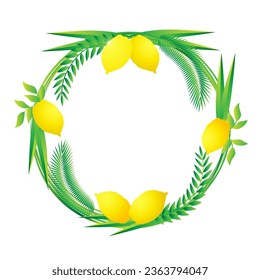 Happy Sukkot, etrog and round palm wreath frame. Decoration background for Jewish holiday Sukkot with lulav, arava, hadas. Vector design