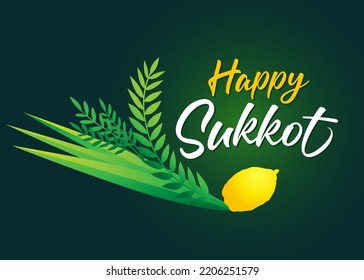 Fröhliches Sukkot mit vier Arten lulav jüdischen Urlaubsbanner. Handgezeichnetes Design mit Erog, Lulav, Hadas, Aarava und grünem Hintergrund. Vektorgrafik