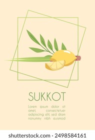 Tarjeta de felicitación feliz de Sucot con Etrog (citrón), lulav (rama de palma), hadas (mirto), arava (sauce). Diseño de Vector de cartel de Festiva con símbolos tradicionales del festival judío