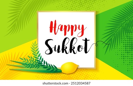 Happy Sukkot greeting card with etrog, lulav, palm leaf and geometric shape. Jewish traditional holiday banner with four spices and herbs - lulav, etrog, aravah, hadass. Vector illustration