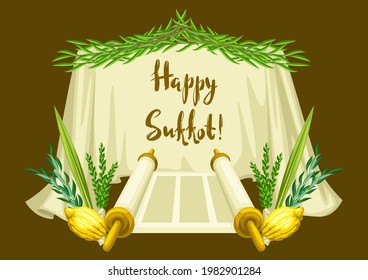 Happy Sukkot greeting card. Holiday background with Jewish festival traditional symbols.