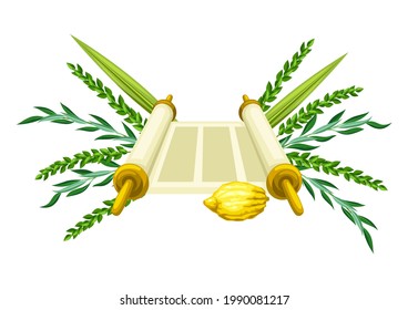 Happy Sukkot greeting card. Holiday background with Jewish festival traditional symbols.