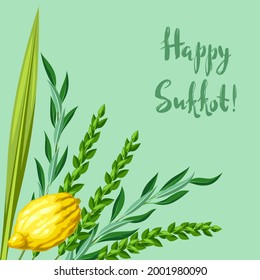 Happy Sukkot greeting card. Holiday background with Jewish festival traditional symbols.