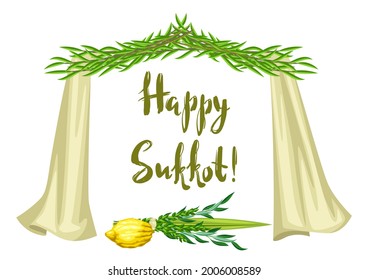 Happy Sukkot greeting card. Holiday background with Jewish festival traditional symbols.