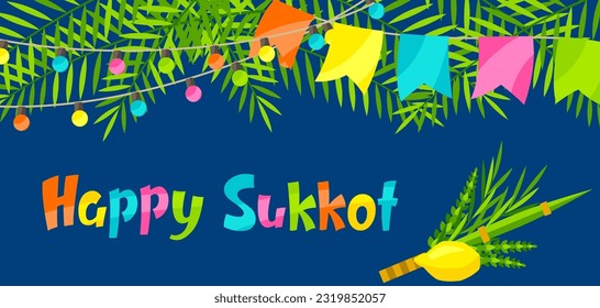 Feliz tarjeta de bienvenida de Sukkot. Fondo de vacaciones con símbolos tradicionales del festival judío.