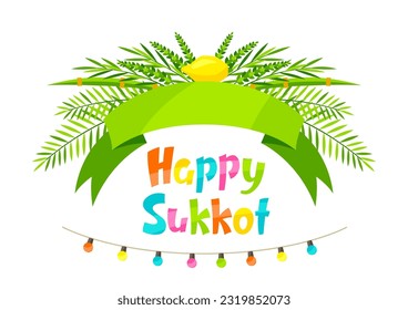 Happy Sukkot greeting card. Holiday background with Jewish festival traditional symbols.
