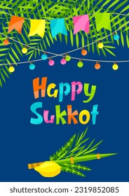 Happy Sukkot greeting card. Holiday background with Jewish festival traditional symbols.