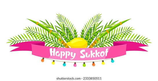 Happy Sukkot greeting card. Holiday background with Jewish festival traditional symbols.