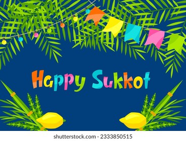 Happy Sukkot greeting card. Holiday background with Jewish festival traditional symbols.