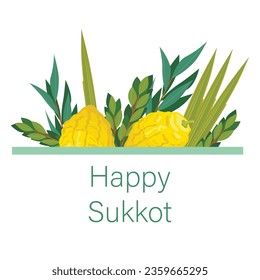 Happy Sukkot greeting card. Holiday background with Jewish festival traditional symbols of herbs and spices of the etrog, lulav, Arava, Hadas. Isolated on white background. Vector illustration