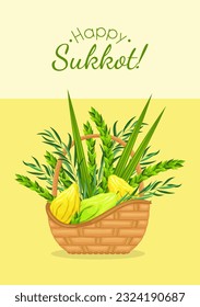 Happy Sukkot greeting card. Wicker basket with traditional symbols of the Judaic festival - etrog, lulav, hadas, arava. Feast of Tabernacles or Festival of Ingathering. Jewish religious holiday