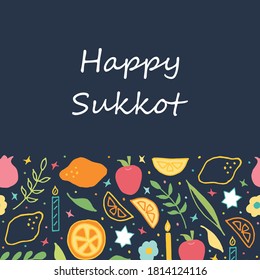 Happy Sukkot handwritten text on blue background for Jewish traditional holiday. Hand lettering, calligraphy. Seamless pattern in doodle style of Etrog (citron), arava (willow), hadas(myrtle)