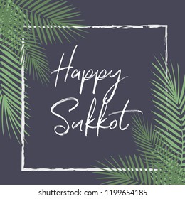 Happy Sukkot Holiday! Hebrew translate: Happy Sukkot Holiday. Jewish traditional four species for Jewish Holiday Rosh Hashanah. Vector Judaica style Vintage Luxury Succot greeting card