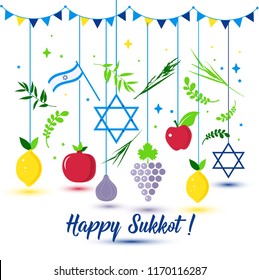 Happy Sukkot Holiday. Jewish Holiday Sukkot. Vector Jewish new year. Autumn Fest. Rosh Hashana Israel Sukkah. Palm tree leaves and fruits.