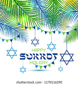 Happy Sukkot Holiday. Jewish Holiday Sukkot. Vector Jewish new year. Autumn Fest. Rosh Hashana Israel Sukkah. Palm tree leaves.