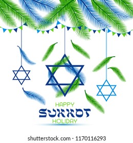 Happy Sukkot Holiday. Jewish Holiday Sukkot. Vector Jewish new year. Autumn Fest. Rosh Hashana Israel Sukkah. Palm tree leaves.