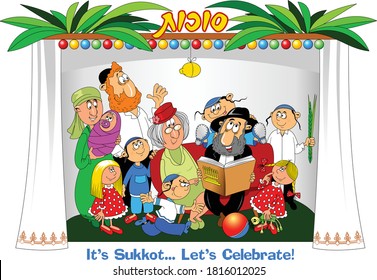 Happy Sukkot inscription on Hebrew with family people characters celebrating Sukkot Holiday