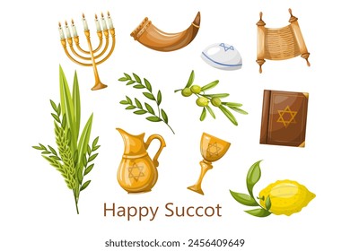 Happy Sukkot item set. Freehand drawing, isolate on a white background, clipart. Vector