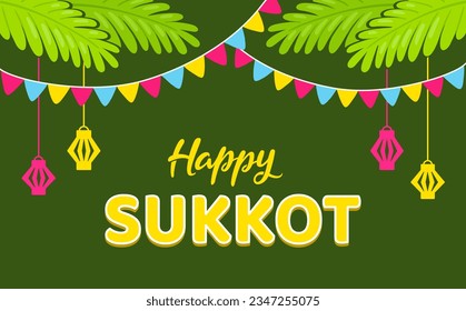 Happy Sukkot, Jewish holiday celebration banner. Sukkah decorations, palm leaves, flags and paper lanterns. Flat cartoon design, vector illustration.