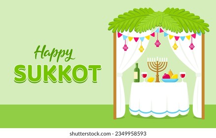 Feliz Sukkot, celebración de las fiestas judías. Casa tradicional de Sukkah con decoración y mesa con comida. Diseño de dibujos animados, ilustración vectorial.