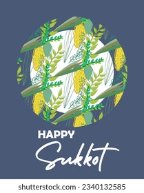 Happy Sukkot. Jewish holiday huts template for greeting card with etrog, lulav, Arava, Hadas.