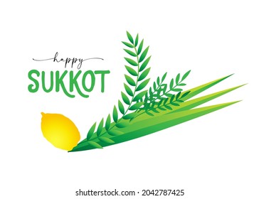 Happy Sukkot, Jewish traditional holiday card with four spices and herbs - lulav, etrog, aravah, hadass. Isolated on white background. Vector illustration