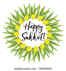 Happy Sukkot round frame of herbs. Jewish holiday huts template for greeting card with etrog, lulav, Arava, Hadas. Isolated on white background. Vector illustration