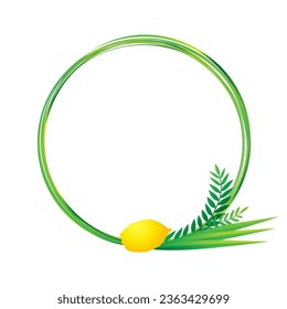 Happy Sukkot round frame with wreath lulav and etrog. Jewish holiday Sukkot decoration background with etrog, lulav, arava, hadas. Vector design