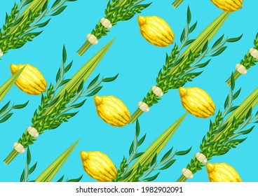 Happy Sukkot seamless pattern. Holiday background with Jewish festival traditional symbols.