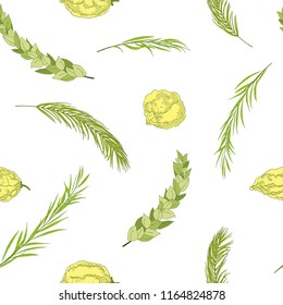Happy Sukkot seamless pattern. Jewish holiday huts endless background. Repeated texture with branches of myrtle, willow, palm, citron fruits. Vector illustration