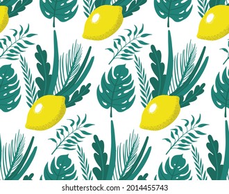 Happy Sukkot seamless pattern. Jewish holiday huts endless background. Repeating texture with etrog, lulav, Arava, Hadas. Vector illustration.