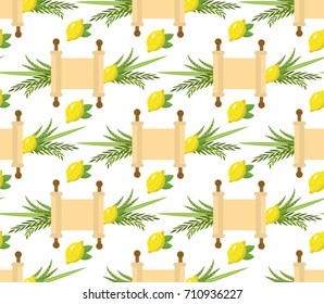 Happy Sukkot seamless pattern. Jewish holiday huts endless background. Repeating texture with etrog, lulav, Arava, Hadas. Vector illustration