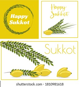 Happy Sukkot set. Collection of objects, design elements for Jewish Feast of Tabernacles with etrog, lulav, Arava, Hadas. Isolated on white background. Vector illustration